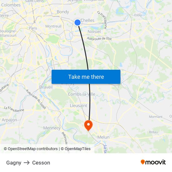 Gagny to Cesson map