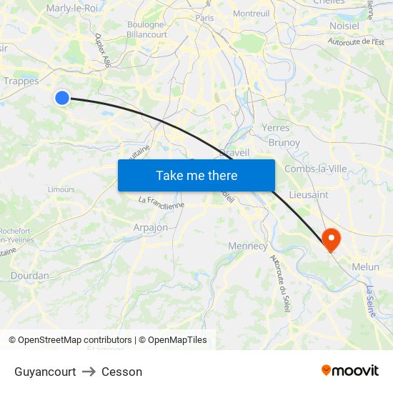 Guyancourt to Cesson map