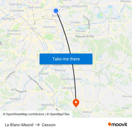 Le Blanc-Mesnil to Cesson map