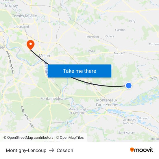 Montigny-Lencoup to Cesson map