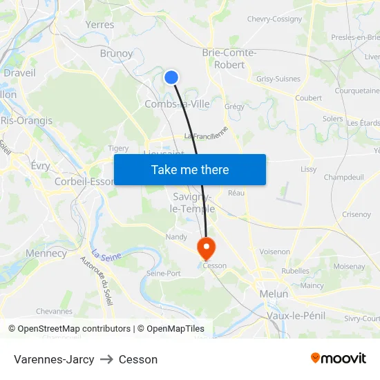 Varennes-Jarcy to Cesson map
