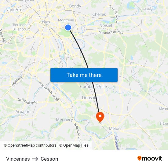 Vincennes to Cesson map