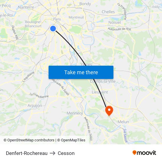Denfert-Rochereau to Cesson map