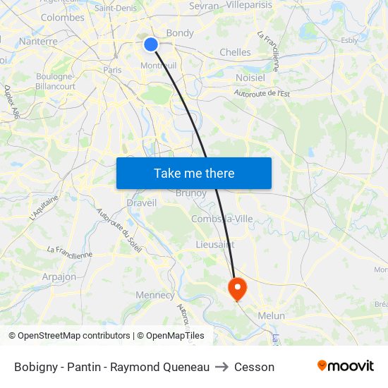 Bobigny - Pantin - Raymond Queneau to Cesson map