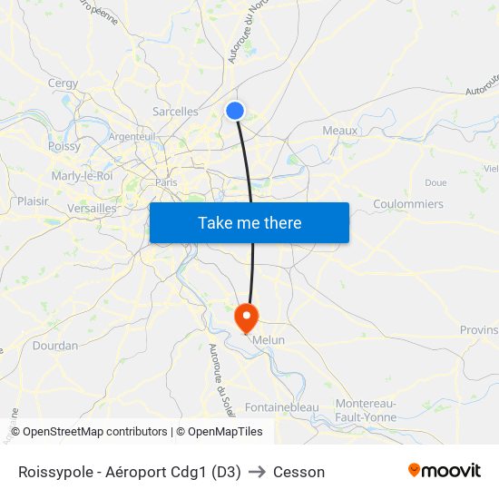Roissypole - Aéroport Cdg1 (D3) to Cesson map