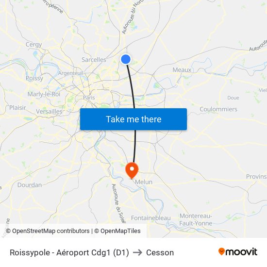 Roissypole - Aéroport Cdg1 (D1) to Cesson map