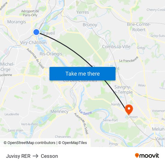 Juvisy RER to Cesson map