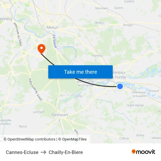 Cannes-Ecluse to Chailly-En-Biere map