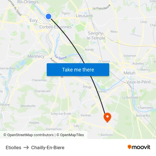 Etiolles to Chailly-En-Biere map