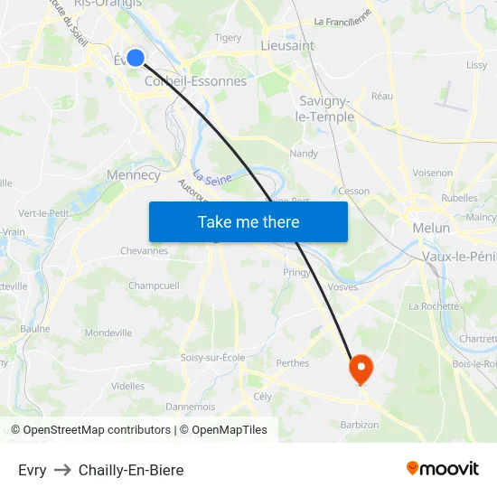 Evry to Chailly-En-Biere map