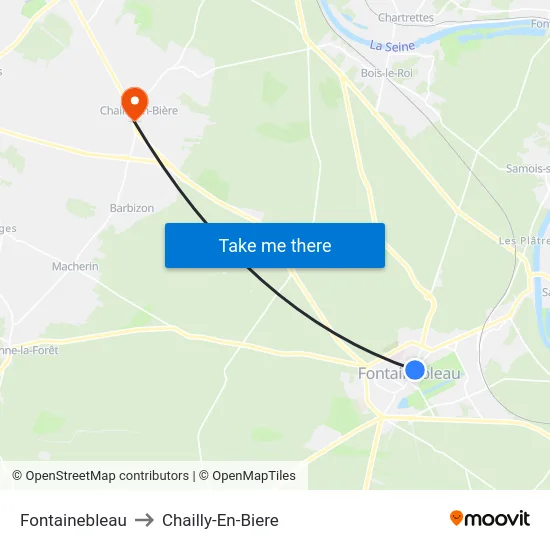 Fontainebleau to Chailly-En-Biere map