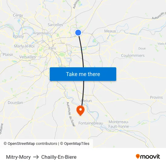Mitry-Mory to Chailly-En-Biere map