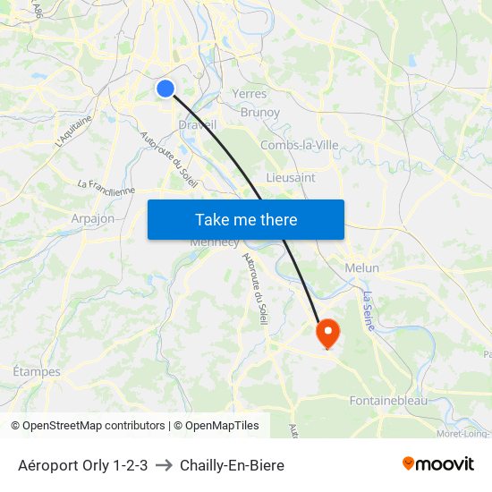 Aéroport Orly 1-2-3 to Chailly-En-Biere map