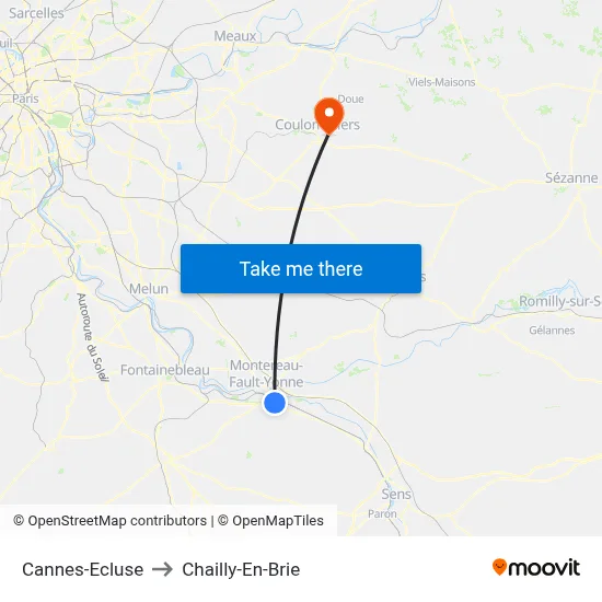 Cannes-Ecluse to Chailly-En-Brie map