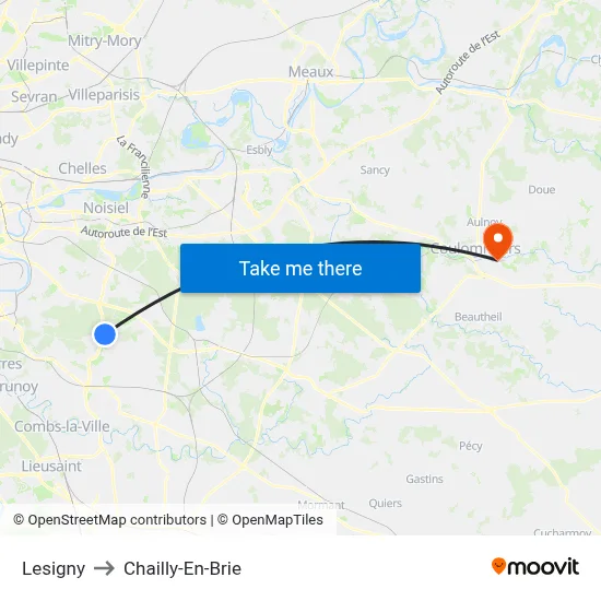 Lesigny to Chailly-En-Brie map