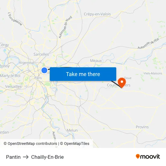 Pantin to Chailly-En-Brie map