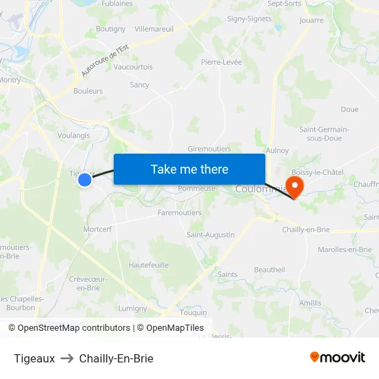 Tigeaux to Chailly-En-Brie map