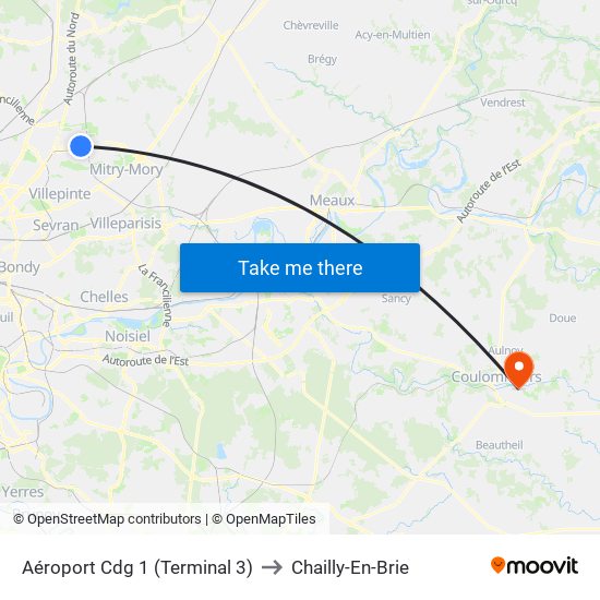 Aéroport Cdg 1 (Terminal 3) to Chailly-En-Brie map