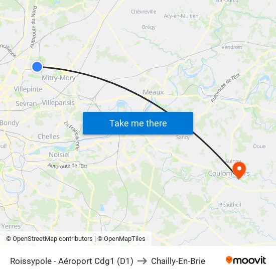 Roissypole - Aéroport Cdg1 (D1) to Chailly-En-Brie map