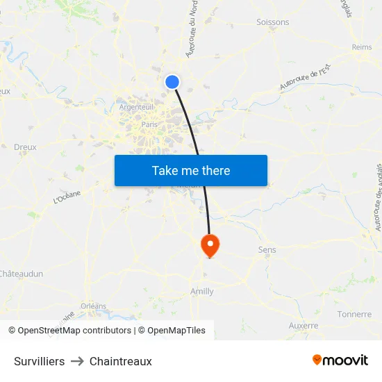 Survilliers to Chaintreaux map