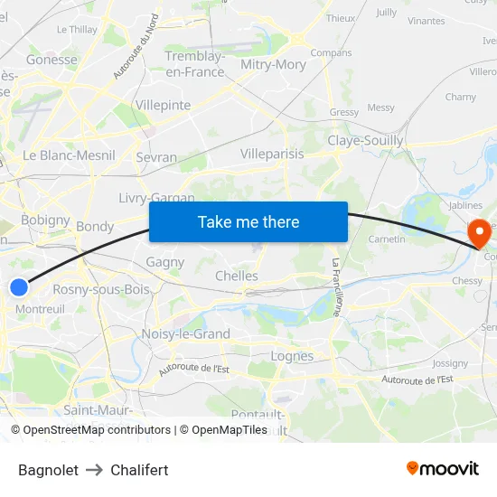 Bagnolet to Chalifert map