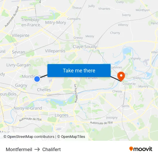 Montfermeil to Chalifert map