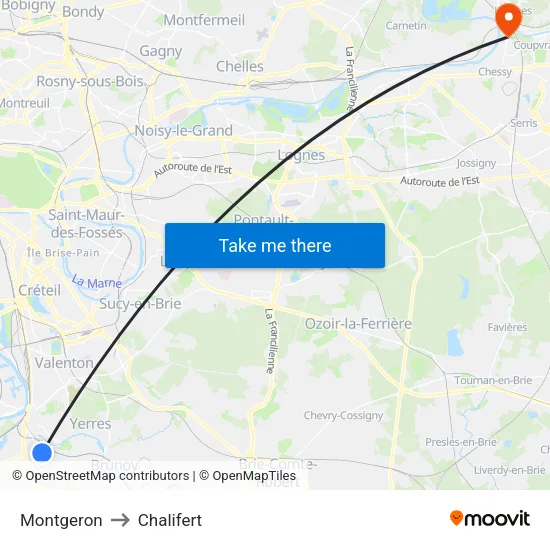 Montgeron to Chalifert map