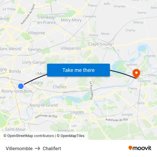 Villemomble to Chalifert map