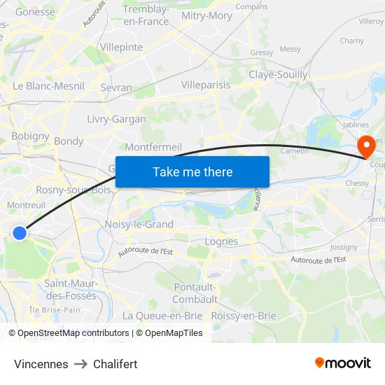 Vincennes to Chalifert map