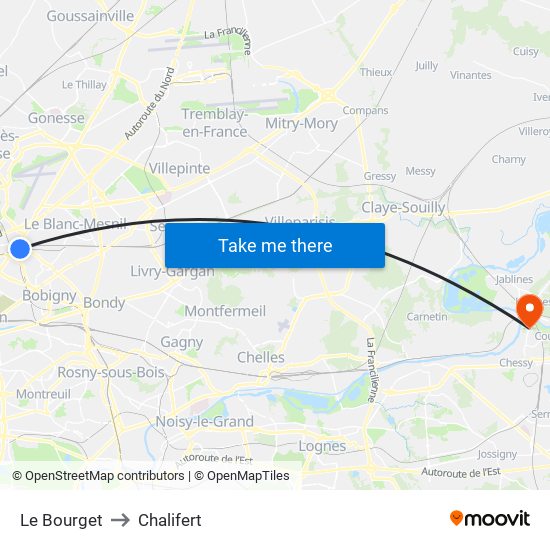 Le Bourget to Chalifert map