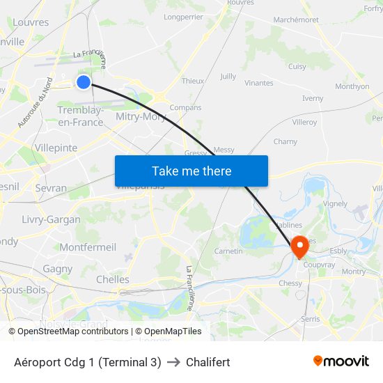 Aéroport Cdg 1 (Terminal 3) to Chalifert map