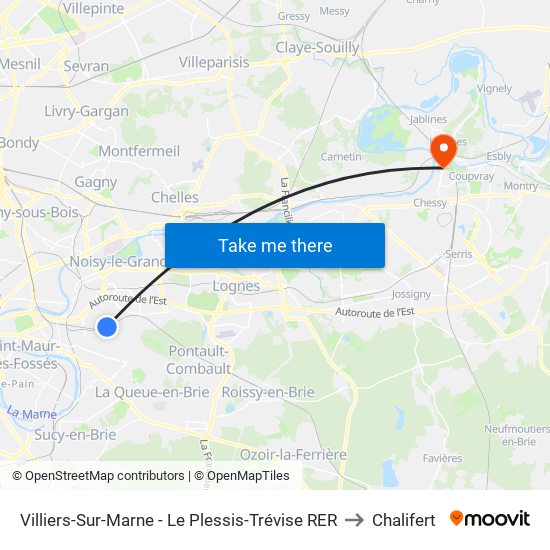 Villiers-Sur-Marne - Le Plessis-Trévise RER to Chalifert map