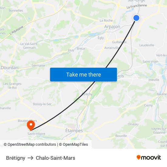 Brétigny to Chalo-Saint-Mars map