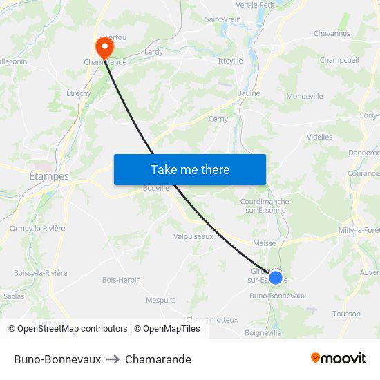 Buno-Bonnevaux to Chamarande map