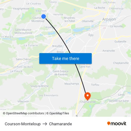 Courson-Monteloup to Chamarande map