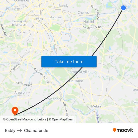 Esbly to Chamarande map