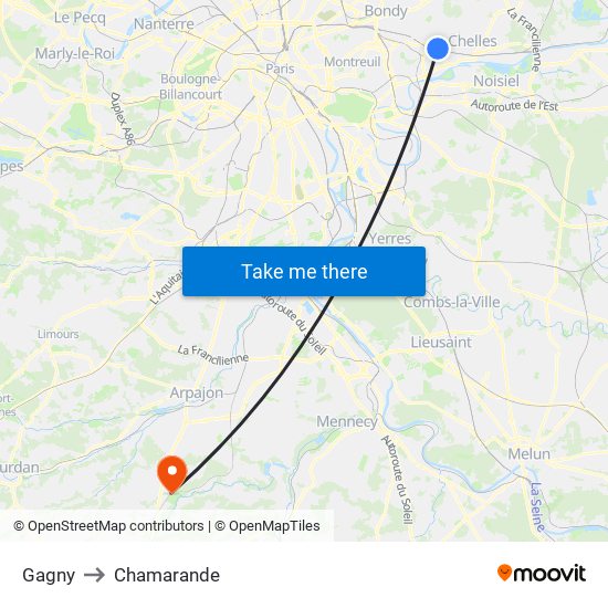 Gagny to Chamarande map
