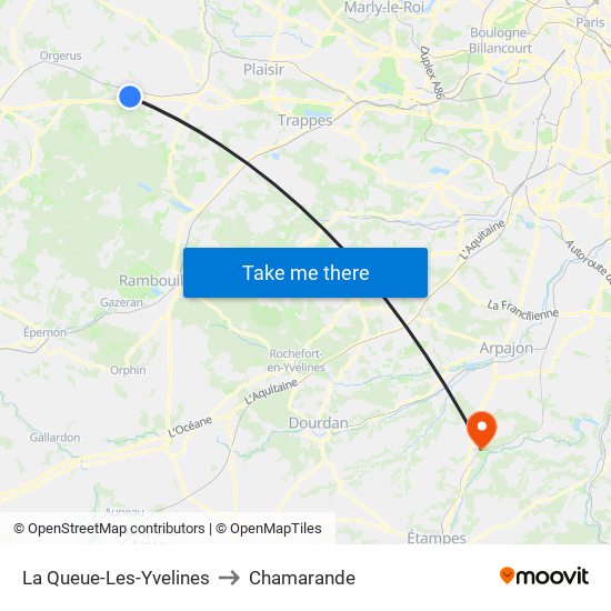 La Queue-Les-Yvelines to Chamarande map