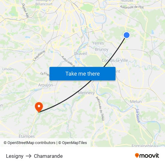 Lesigny to Chamarande map