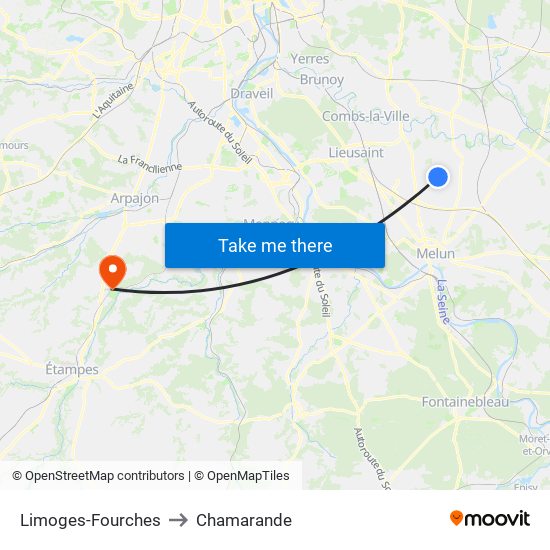 Limoges-Fourches to Chamarande map