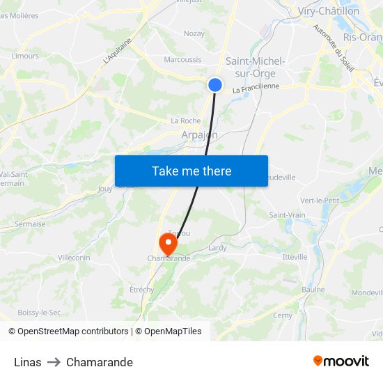 Linas to Chamarande map