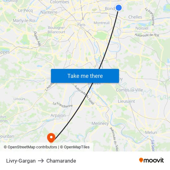 Livry-Gargan to Chamarande map
