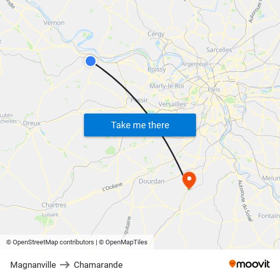 Magnanville to Chamarande map