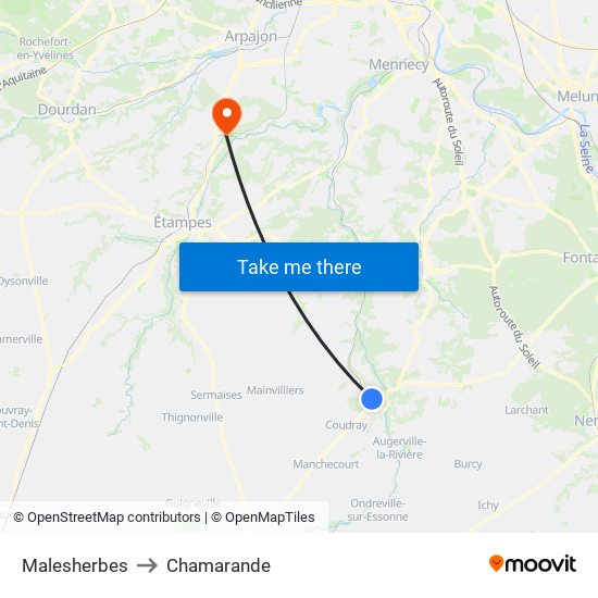 Malesherbes to Chamarande map