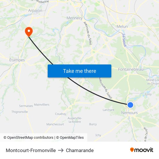 Montcourt-Fromonville to Chamarande map