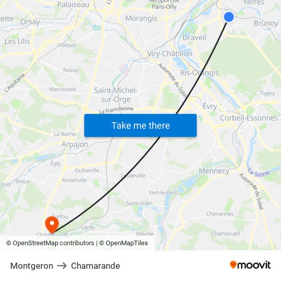 Montgeron to Chamarande map