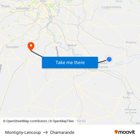 Montigny-Lencoup to Chamarande map