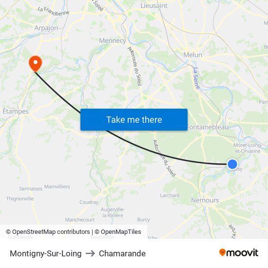 Montigny-Sur-Loing to Chamarande map