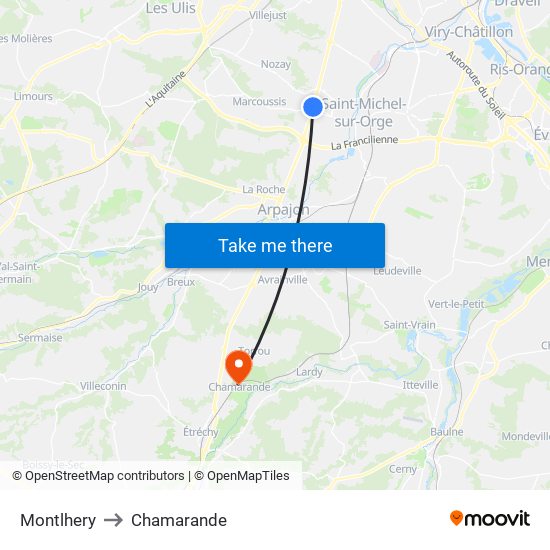 Montlhery to Chamarande map