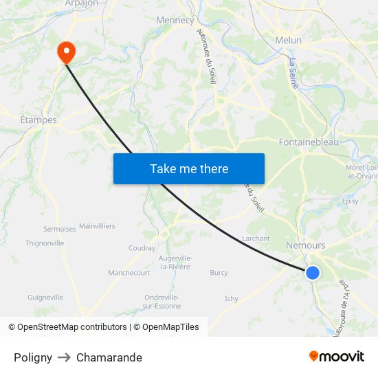 Poligny to Chamarande map